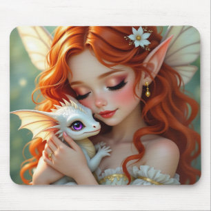Pretty Red Haired Fairy with Dragon Mouse Mat