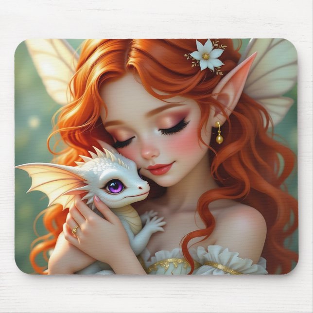 Pretty Red Haired Fairy with Dragon  Mouse Mat (Front)