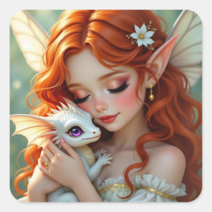 Pretty Red Haired Fairy with Dragon Square Sticker