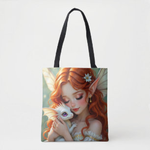 Pretty Red Haired Fairy with Dragon Tote Bag