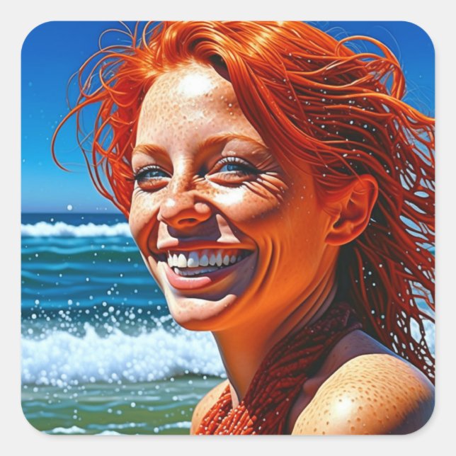 Pretty Red Haired Lady at Beach ai art Square Sticker (Front)