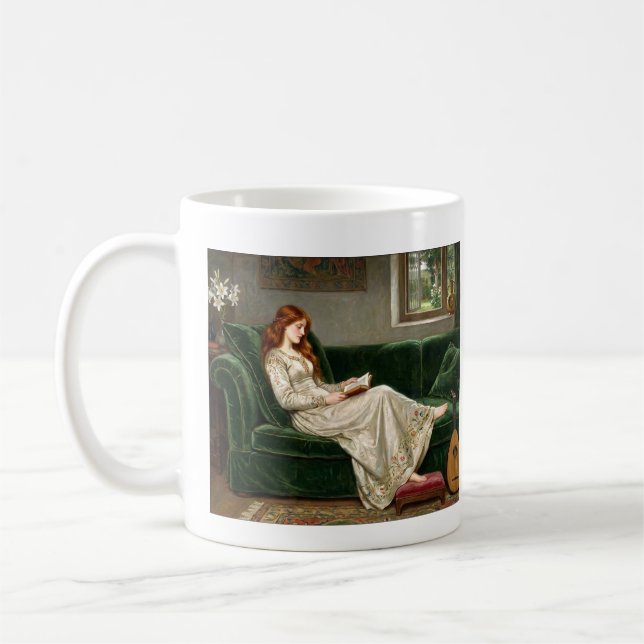 Pretty Red Haired Maiden Reading Book Lover Art Coffee Mug (Left)