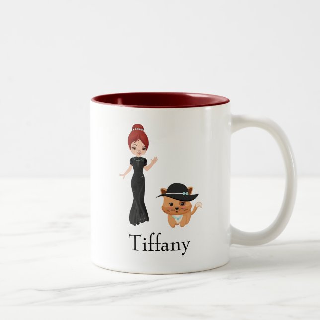 Pretty Red Head woman with Cat Two-Tone Coffee Mug (Right)