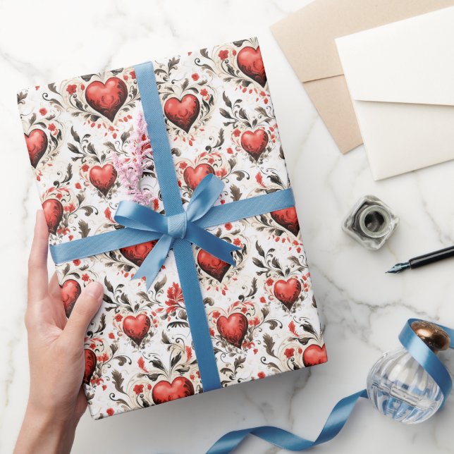 Pretty Red Hearts and Flowers Vintage Wrapping Paper (Gifting)