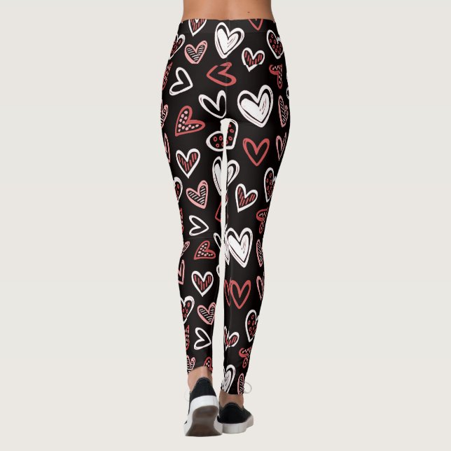 Pretty Red Hearts Black And White Pattern Leggings (Back)