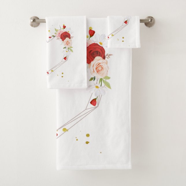 Pretty Red Love Floral Heart Bath Towel Set (Insitu)