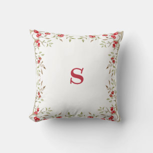 Pretty Red Monogram Red Berries Christmas Holiday Cushion