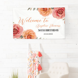 Pretty Red Orange Rose Floral Welcome Birthday Banner