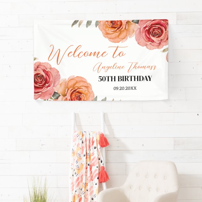 Pretty Red Orange Rose Floral Welcome Birthday Banner (Insitu)