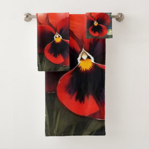Pretty red pansies watercolor painting bath towel set