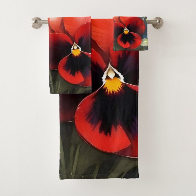 Pretty red pansies watercolor painting bath towel set (Insitu)
