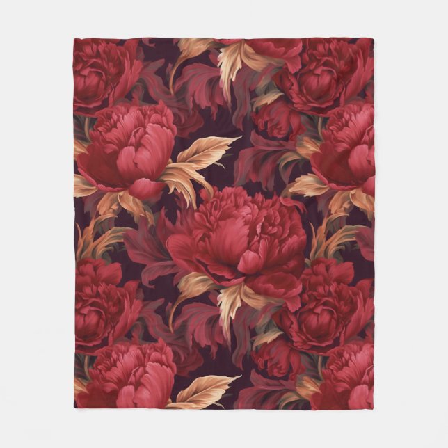 Pretty red peonies fleece blanket (Front)
