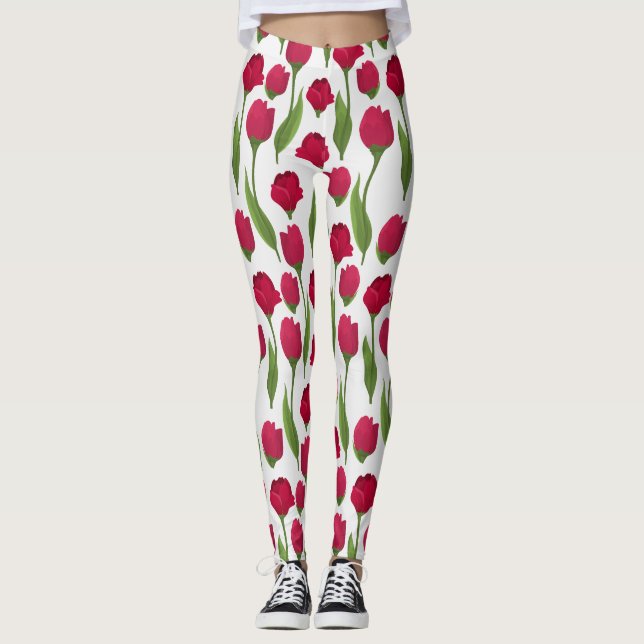 Pretty Red Pink Botanical Roses Leggings (Front)
