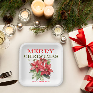 Pretty Red Poinsettia Flower Merry Christmas Party Paper Plate