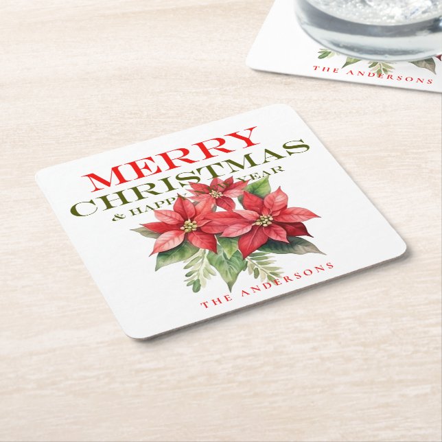 Pretty Red Poinsettia Flower Merry Christmas Party Square Paper Coaster (Angled)