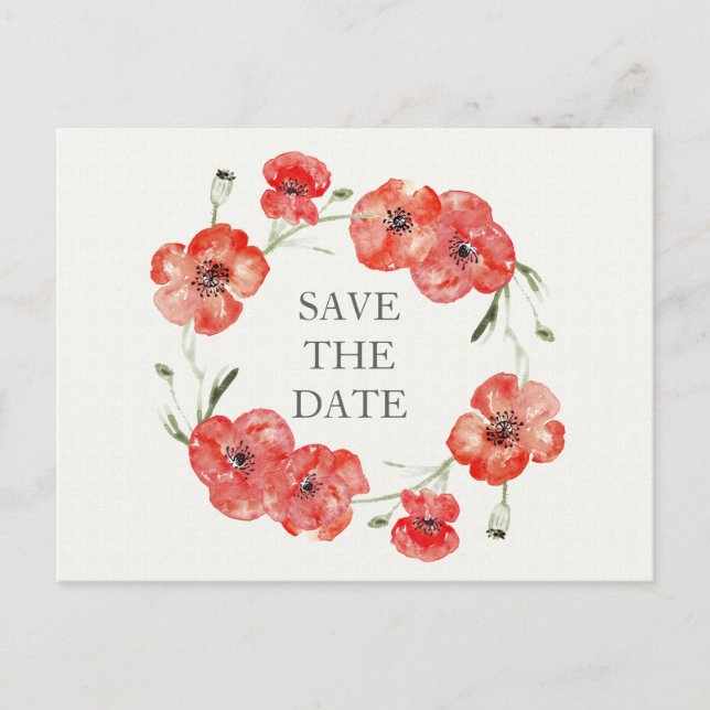 Pretty Red Poppies floral save the dates Announcement Postcard (Front)