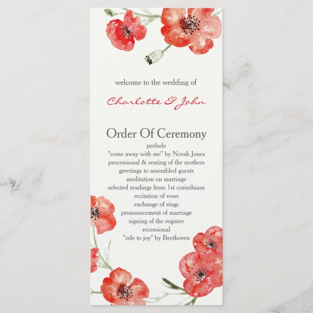 Pretty Red Poppies floral wedding programs Programme (Front)
