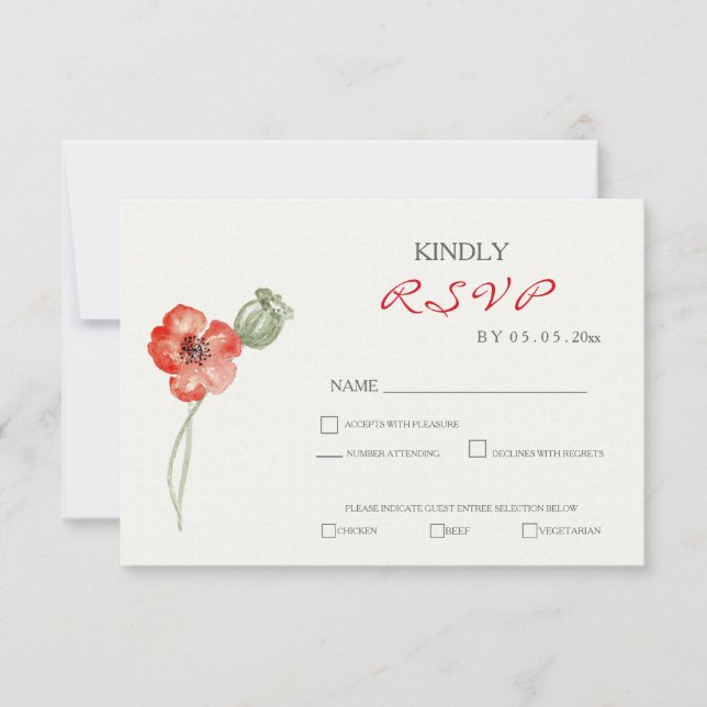 Pretty Red Poppies floral wedding RSVP card (Front)