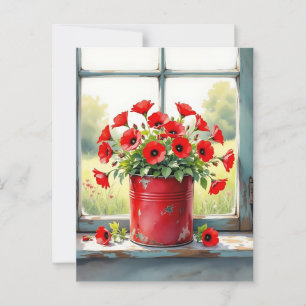 Pretty Red Poppies in a Vintage Tin Pot Postcard