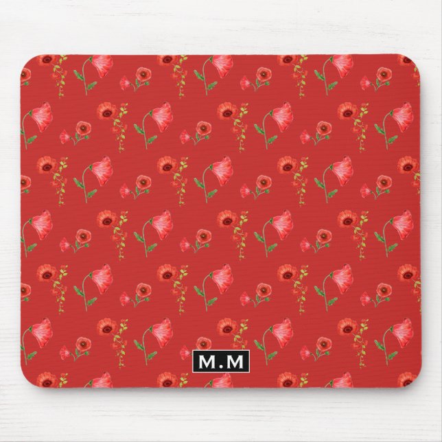Pretty Red Poppies Pattern Monogram Mouse Mat (Front)