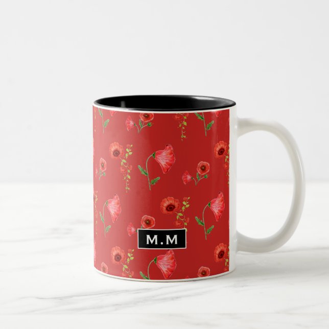 Pretty Red Poppies Pattern Monogram Two-Tone Coffee Mug (Right)