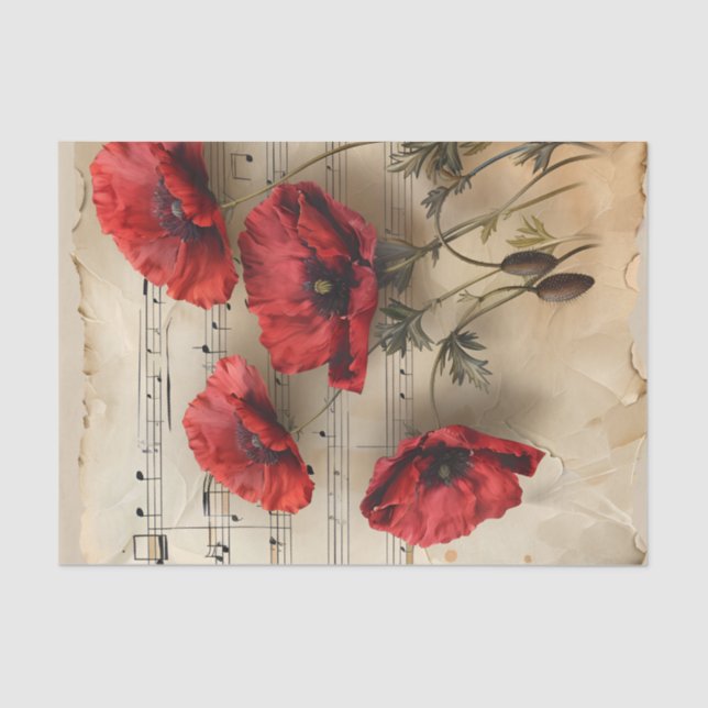 Pretty red poppies vintage music sheet ephemera (Front)