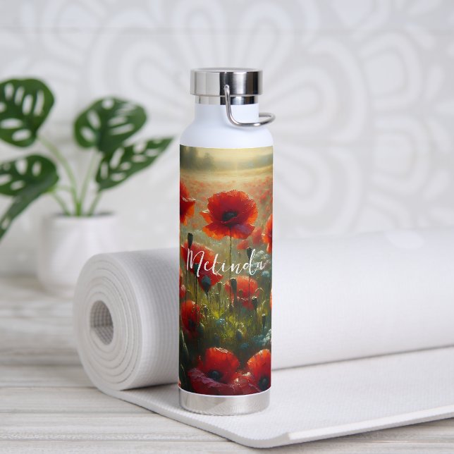 Pretty Red Poppy Field on a Summer Day Water Bottle (Yoga)