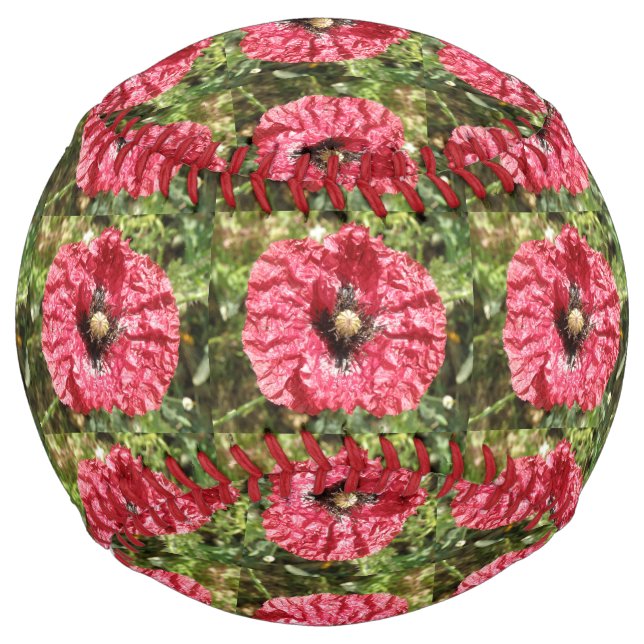 Pretty Red Poppy Flower Macro Softball (Front)