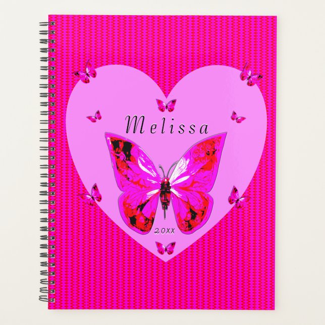 Pretty Red & Purple Butterflies Custom Name Girly Planner (Front)