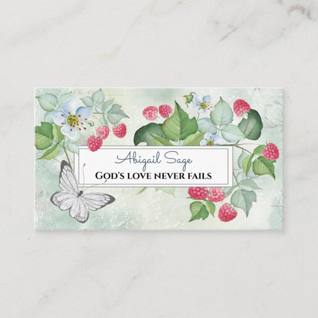 Pretty Red Raspberries and Flowers, Inspirational Business Card (Front)