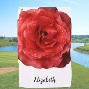 Pretty red rose flower custom name womens golf towel