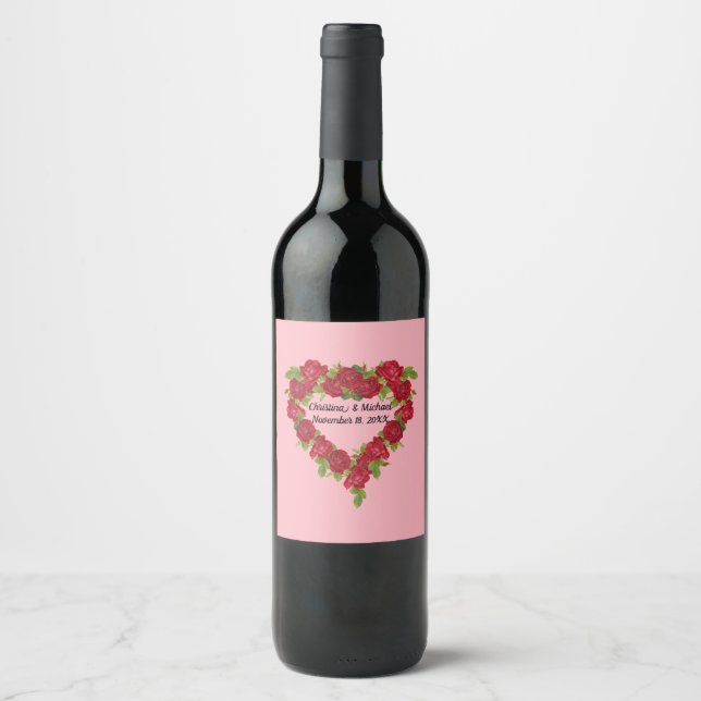 Pretty Red Rose Heart Wreath on Pink Wine Label (Front)