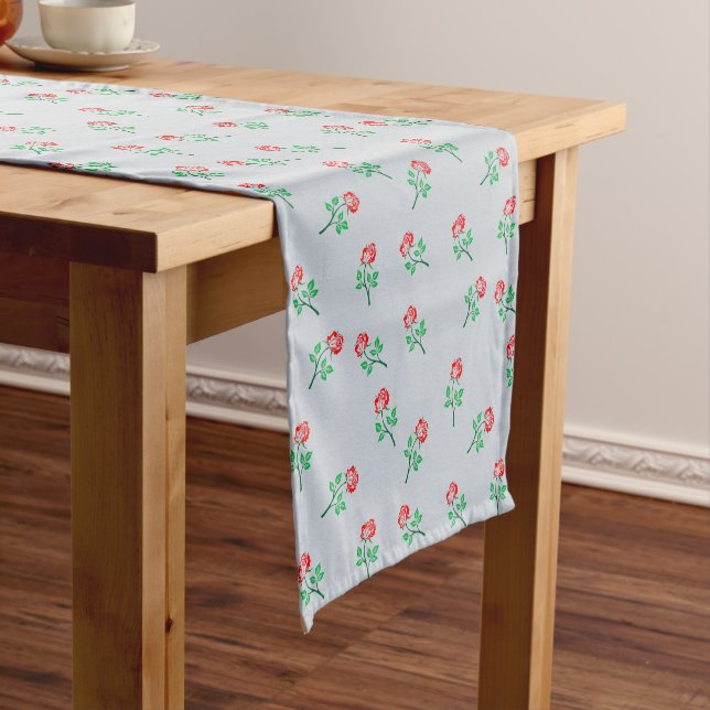 Pretty Red Rose Minimalist Pattern Pastel Blue Short Table Runner (In Situ)