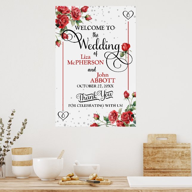 Pretty Red Roses Floral Wedding Welcome Poster (Kitchen)