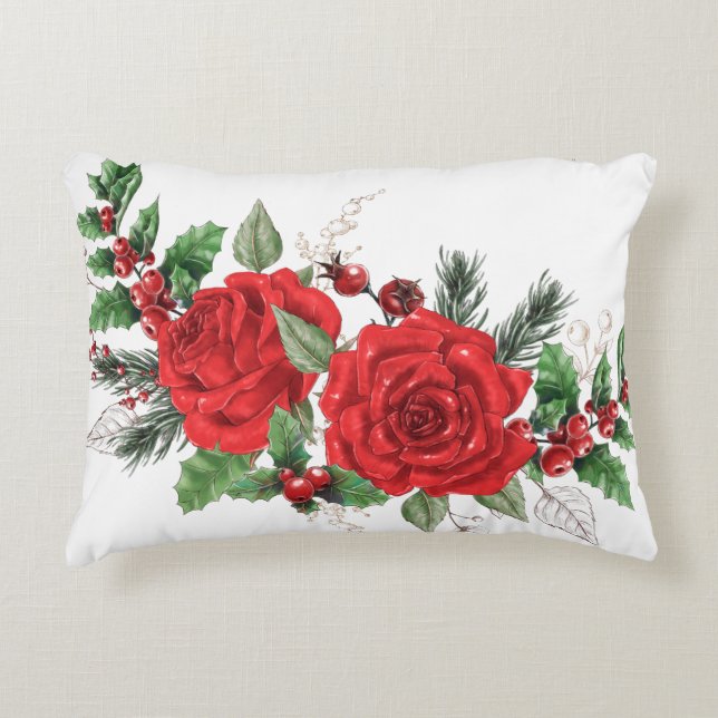 Pretty Red Roses Holly Berries Pine needles Decorative Cushion (Front)