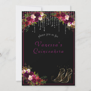 Pretty Red Roses Sparkling Stars High Heels Quinc Invitation