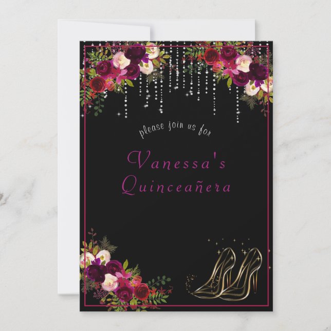 Pretty Red Roses Sparkling Stars High Heels Quinc Invitation (Front)