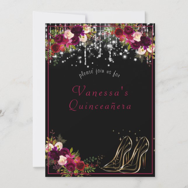 Pretty Red Roses Sparkling Stars High Heels Quinc Invitation (Front)