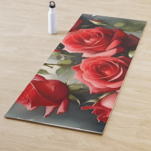 Pretty red roses watercolor painting yoga mat