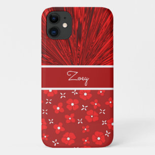 Pretty Red Satin n Flowers Monogram iPhone 11 Case