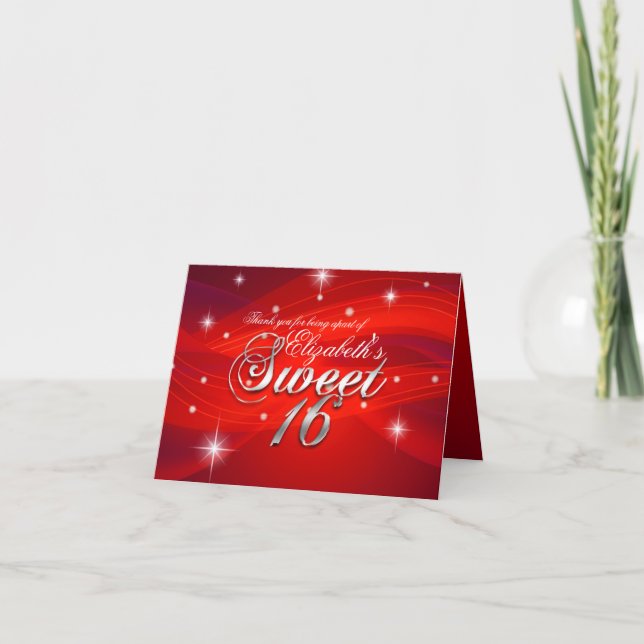 Pretty Red Sparkle Sweet Sixteen Thank You Card (Front)