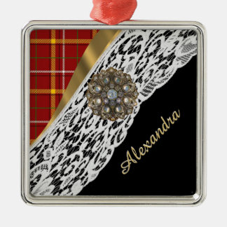 Pretty red tartan plaid and white lace metal tree decoration