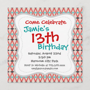 Pretty Red Teal Aztec Weaving Diamond Pattern Invitation