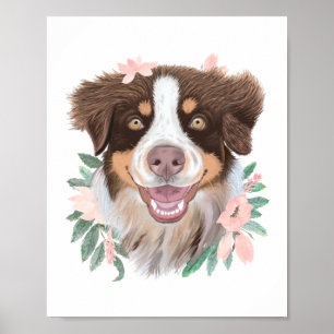Pretty Red Tri Australian Shepherd   Floral Poster
