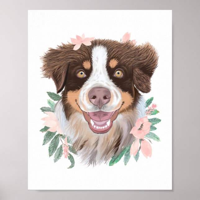 Pretty Red Tri Australian Shepherd | Floral Poster (Front)