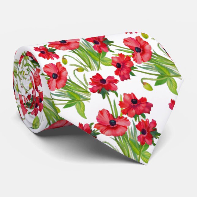 Pretty Red Watercolor Poppies Pattern on White Tie (Rolled)
