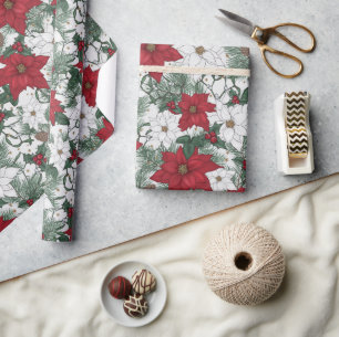 Pretty Red White Poinsettia Floral Christmas Gift Wrapping Paper