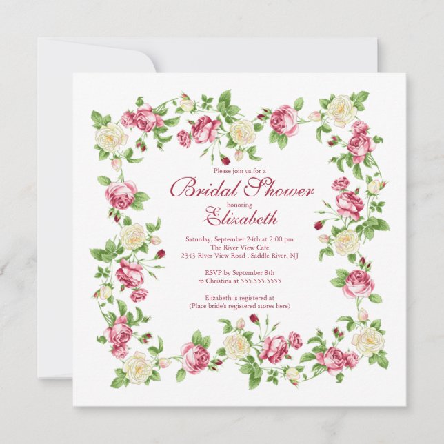 Pretty Red & White Rose Floral Bridal Shower Invitation (Front)