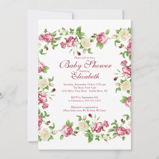 Pretty Red & White Rose Floral Girl Baby Shower Invitation (Front)