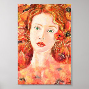 Pretty Redhead Green Eyed Woman Original Painting Poster